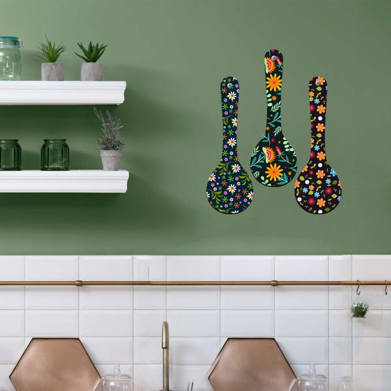 Floral Theme Wooden Spoon Wall Hanging Decor Set of 3  Flower Print MDF Wall Art for Kitchen, Dining Room, and Living Room Decoration